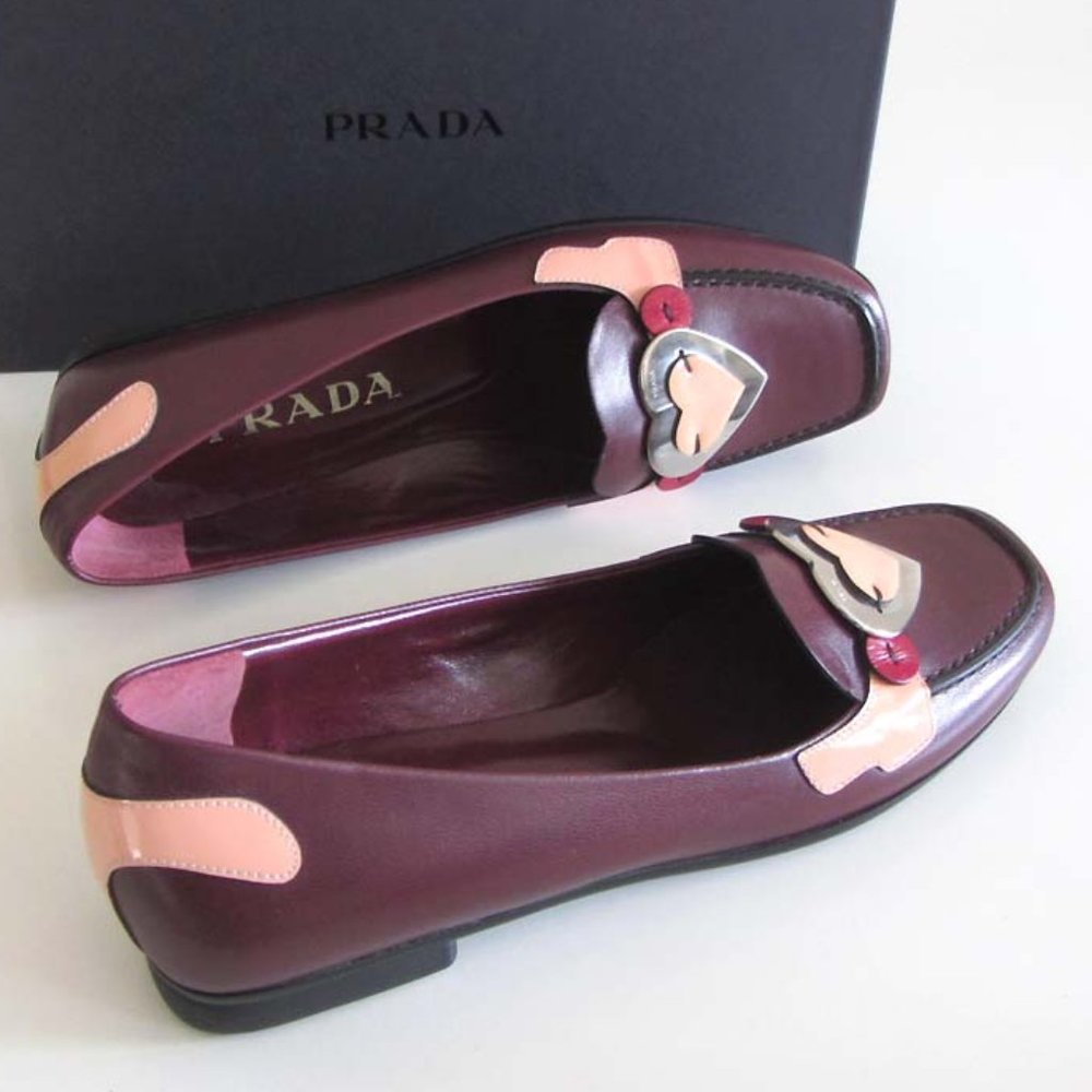 new PRADA burgundy Heart Detail square toe flats 36.5 / 6.5 US - Picture 5 of 9